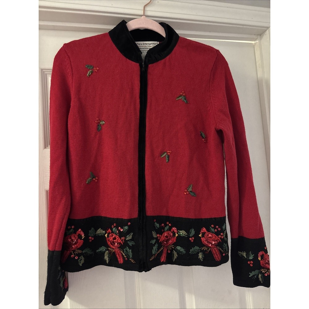 Tiara International Women's Size Small Christmas Sweater Red Full‎ Zip Cardinals